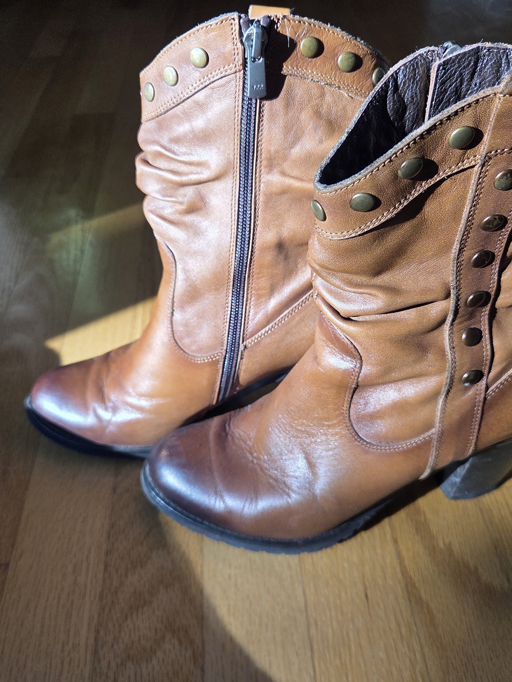 VENUS Cognac Brown Studded Leather Ankle Boots
